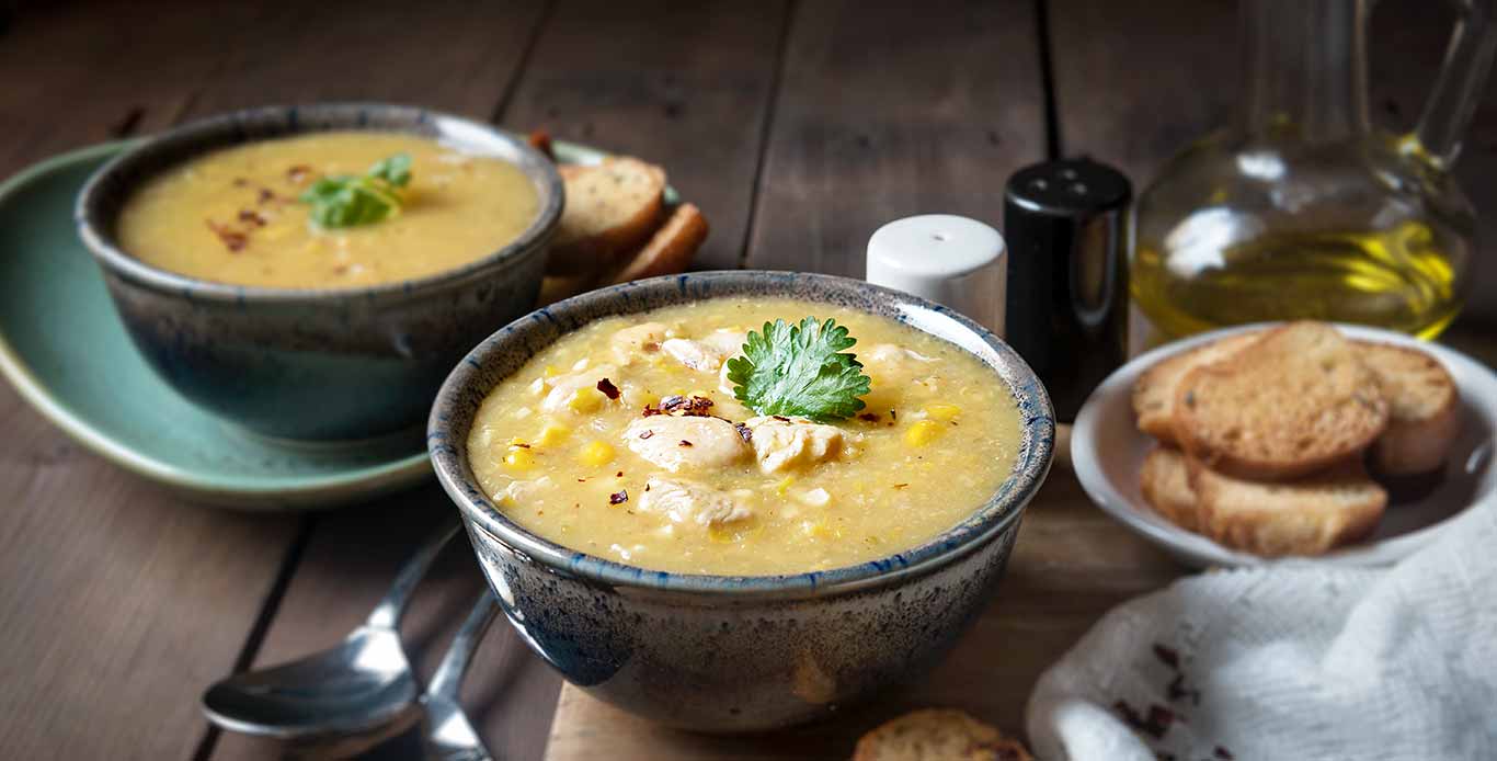 Cream style corn soup with chicken bits 